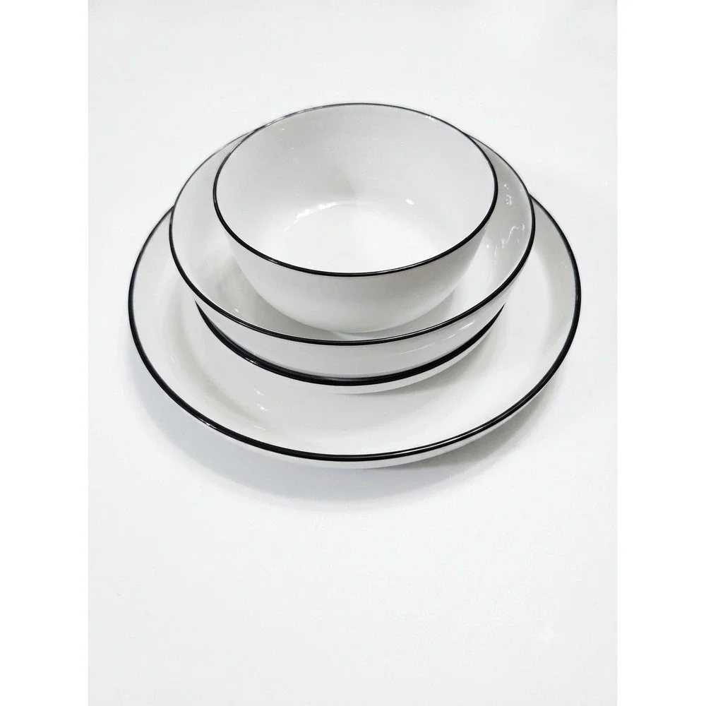 Sur La Table White Porcelain Dinnerware Set Black Rim 4 Piece Place Setting